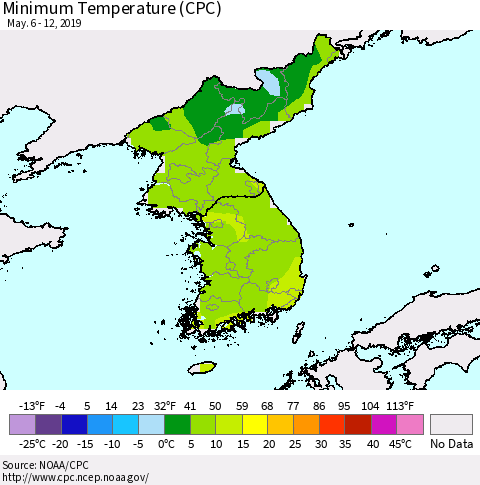 Korea Mean Minimum Temperature (CPC) Thematic Map For 5/6/2019 - 5/12/2019