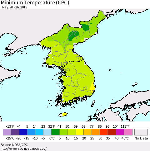 Korea Mean Minimum Temperature (CPC) Thematic Map For 5/20/2019 - 5/26/2019