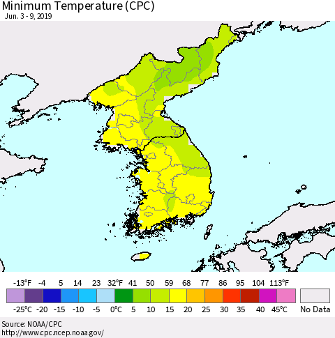 Korea Mean Minimum Temperature (CPC) Thematic Map For 6/3/2019 - 6/9/2019