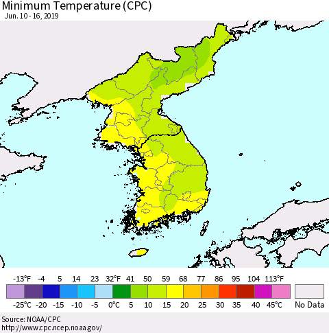 Korea Mean Minimum Temperature (CPC) Thematic Map For 6/10/2019 - 6/16/2019