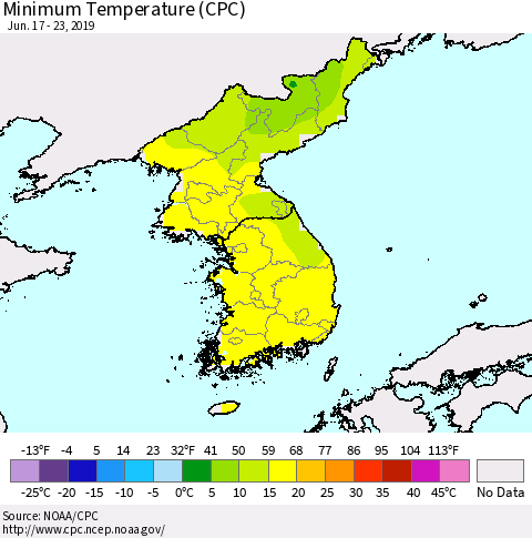 Korea Mean Minimum Temperature (CPC) Thematic Map For 6/17/2019 - 6/23/2019