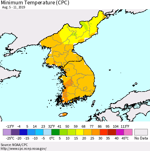 Korea Mean Minimum Temperature (CPC) Thematic Map For 8/5/2019 - 8/11/2019