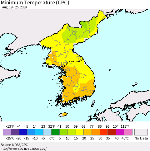 Korea Mean Minimum Temperature (CPC) Thematic Map For 8/19/2019 - 8/25/2019