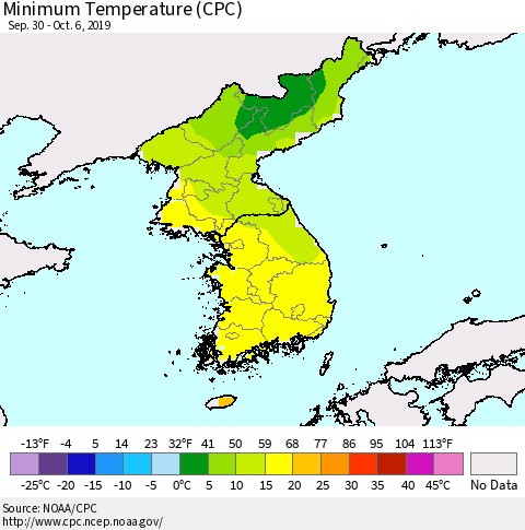 Korea Mean Minimum Temperature (CPC) Thematic Map For 9/30/2019 - 10/6/2019