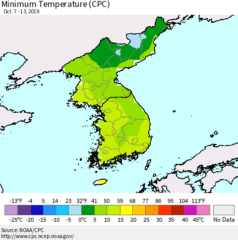 Korea Mean Minimum Temperature (CPC) Thematic Map For 10/7/2019 - 10/13/2019