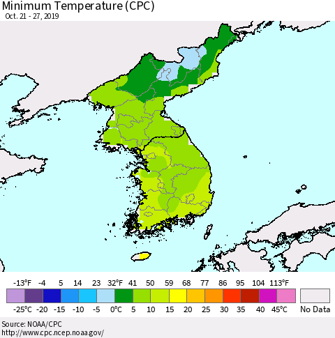 Korea Mean Minimum Temperature (CPC) Thematic Map For 10/21/2019 - 10/27/2019