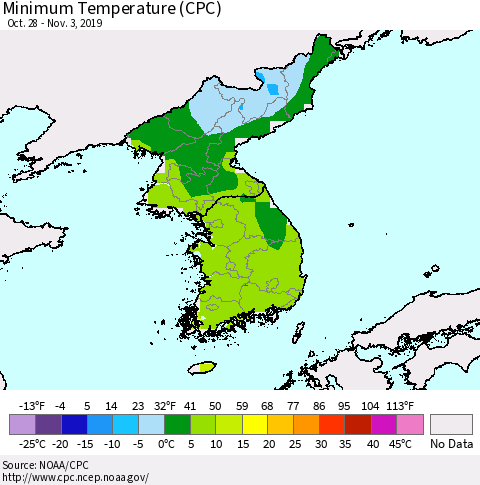 Korea Mean Minimum Temperature (CPC) Thematic Map For 10/28/2019 - 11/3/2019