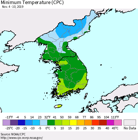 Korea Mean Minimum Temperature (CPC) Thematic Map For 11/4/2019 - 11/10/2019