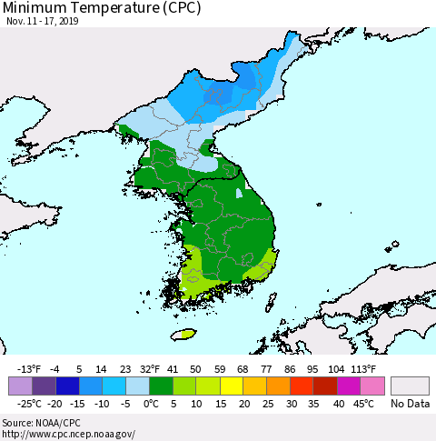 Korea Mean Minimum Temperature (CPC) Thematic Map For 11/11/2019 - 11/17/2019