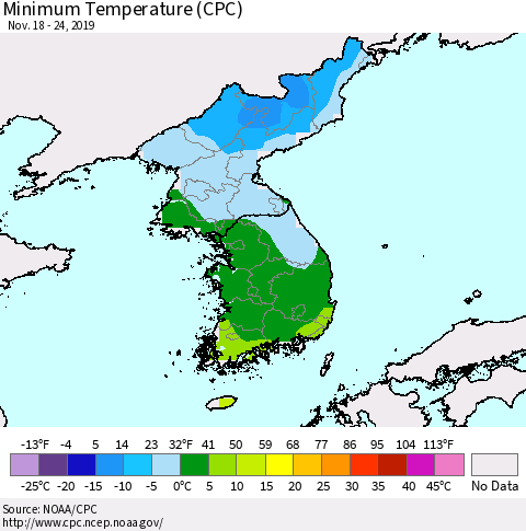 Korea Mean Minimum Temperature (CPC) Thematic Map For 11/18/2019 - 11/24/2019