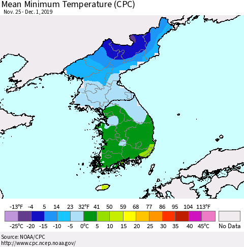 Korea Mean Minimum Temperature (CPC) Thematic Map For 11/25/2019 - 12/1/2019