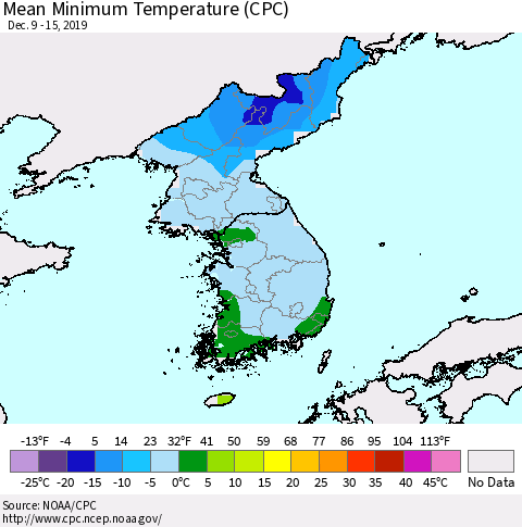 Korea Mean Minimum Temperature (CPC) Thematic Map For 12/9/2019 - 12/15/2019