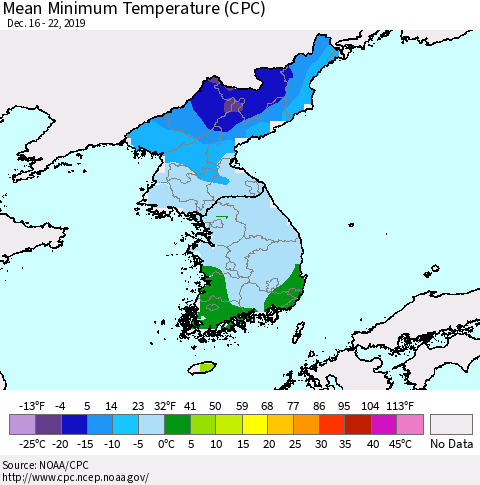 Korea Mean Minimum Temperature (CPC) Thematic Map For 12/16/2019 - 12/22/2019