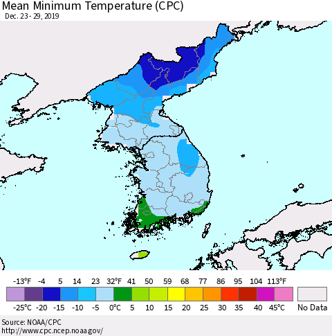 Korea Mean Minimum Temperature (CPC) Thematic Map For 12/23/2019 - 12/29/2019