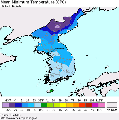 Korea Mean Minimum Temperature (CPC) Thematic Map For 1/13/2020 - 1/19/2020
