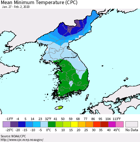 Korea Mean Minimum Temperature (CPC) Thematic Map For 1/27/2020 - 2/2/2020