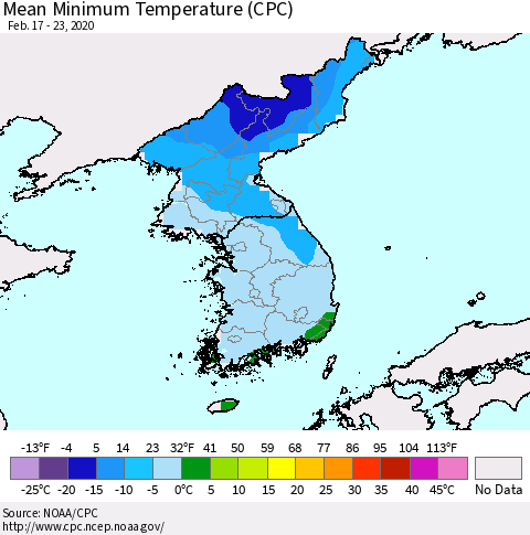 Korea Mean Minimum Temperature (CPC) Thematic Map For 2/17/2020 - 2/23/2020