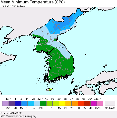 Korea Mean Minimum Temperature (CPC) Thematic Map For 2/24/2020 - 3/1/2020