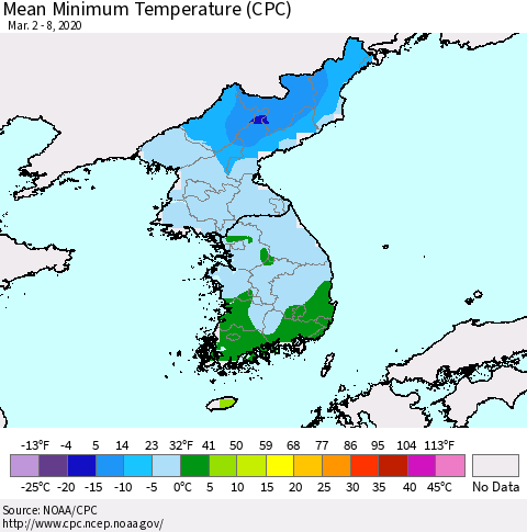 Korea Mean Minimum Temperature (CPC) Thematic Map For 3/2/2020 - 3/8/2020