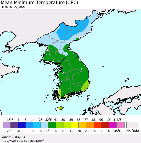 Korea Mean Minimum Temperature (CPC) Thematic Map For 3/16/2020 - 3/22/2020