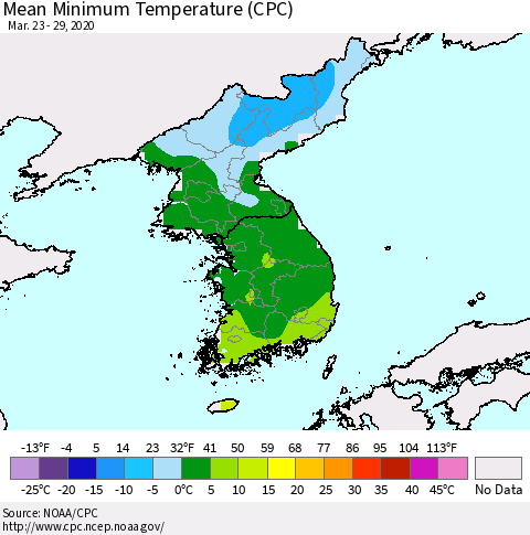 Korea Mean Minimum Temperature (CPC) Thematic Map For 3/23/2020 - 3/29/2020