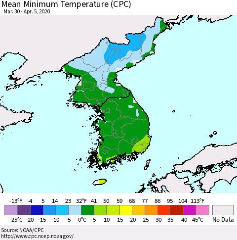 Korea Mean Minimum Temperature (CPC) Thematic Map For 3/30/2020 - 4/5/2020