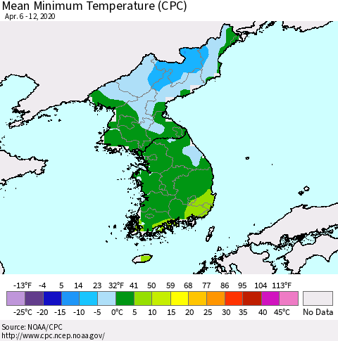 Korea Mean Minimum Temperature (CPC) Thematic Map For 4/6/2020 - 4/12/2020