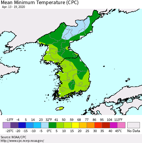 Korea Mean Minimum Temperature (CPC) Thematic Map For 4/13/2020 - 4/19/2020