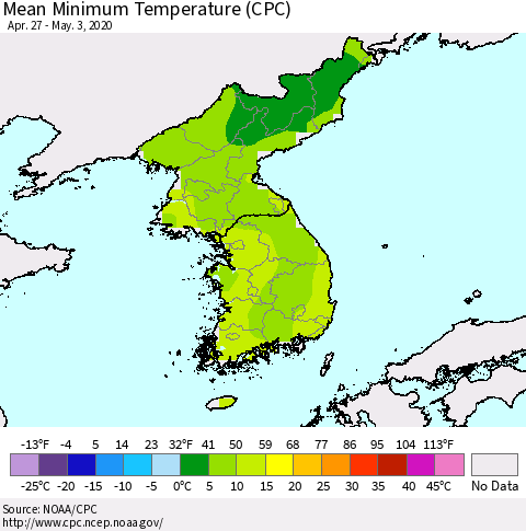 Korea Mean Minimum Temperature (CPC) Thematic Map For 4/27/2020 - 5/3/2020