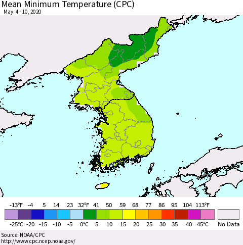 Korea Mean Minimum Temperature (CPC) Thematic Map For 5/4/2020 - 5/10/2020