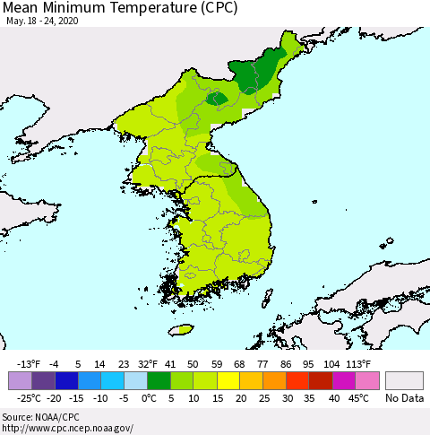 Korea Mean Minimum Temperature (CPC) Thematic Map For 5/18/2020 - 5/24/2020