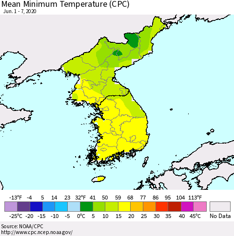 Korea Mean Minimum Temperature (CPC) Thematic Map For 6/1/2020 - 6/7/2020