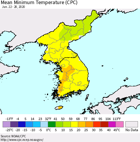 Korea Mean Minimum Temperature (CPC) Thematic Map For 6/22/2020 - 6/28/2020