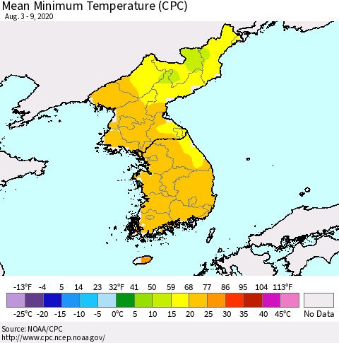 Korea Mean Minimum Temperature (CPC) Thematic Map For 8/3/2020 - 8/9/2020