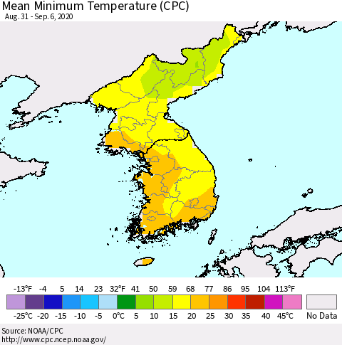 Korea Mean Minimum Temperature (CPC) Thematic Map For 8/31/2020 - 9/6/2020