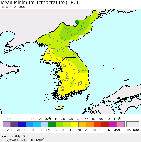Korea Mean Minimum Temperature (CPC) Thematic Map For 9/14/2020 - 9/20/2020