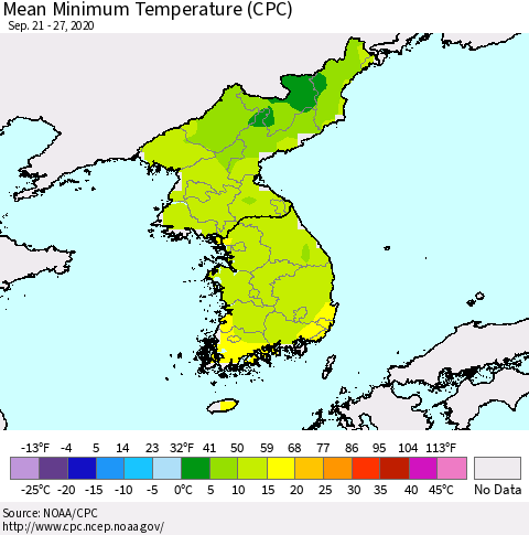 Korea Mean Minimum Temperature (CPC) Thematic Map For 9/21/2020 - 9/27/2020