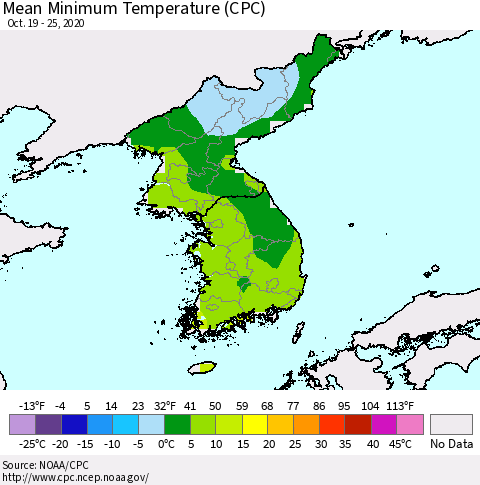 Korea Mean Minimum Temperature (CPC) Thematic Map For 10/19/2020 - 10/25/2020