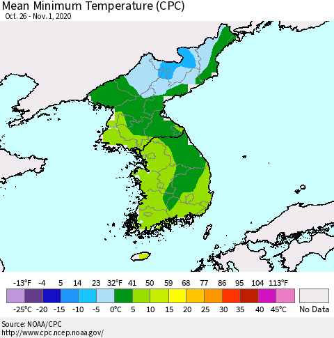 Korea Mean Minimum Temperature (CPC) Thematic Map For 10/26/2020 - 11/1/2020