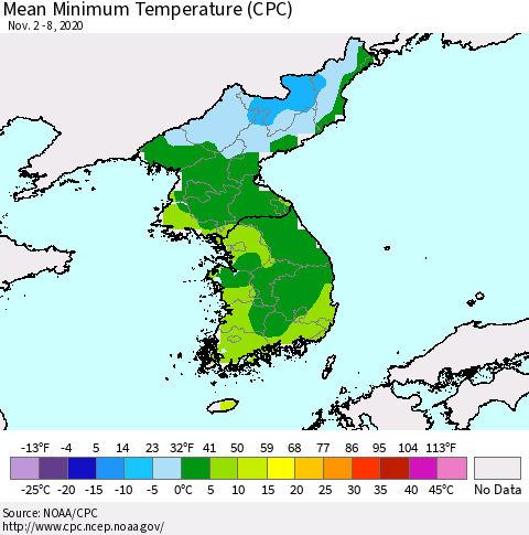 Korea Mean Minimum Temperature (CPC) Thematic Map For 11/2/2020 - 11/8/2020