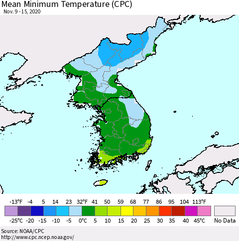 Korea Mean Minimum Temperature (CPC) Thematic Map For 11/9/2020 - 11/15/2020