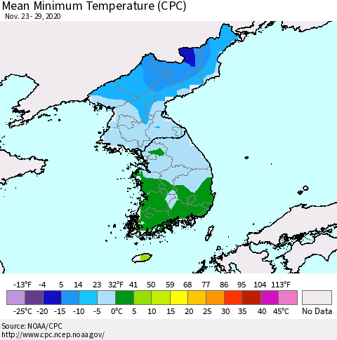 Korea Mean Minimum Temperature (CPC) Thematic Map For 11/23/2020 - 11/29/2020
