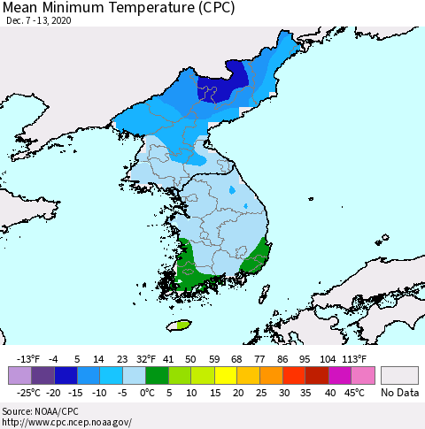 Korea Mean Minimum Temperature (CPC) Thematic Map For 12/7/2020 - 12/13/2020