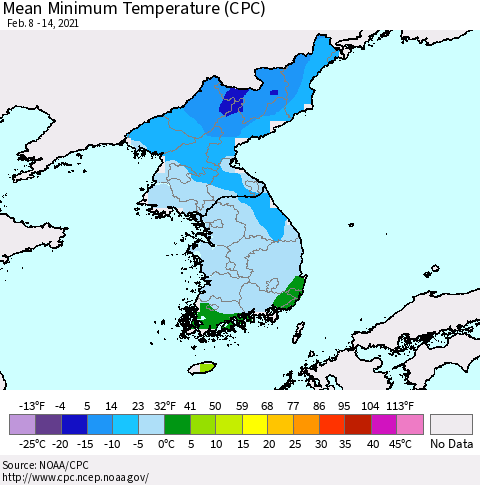 Korea Mean Minimum Temperature (CPC) Thematic Map For 2/8/2021 - 2/14/2021