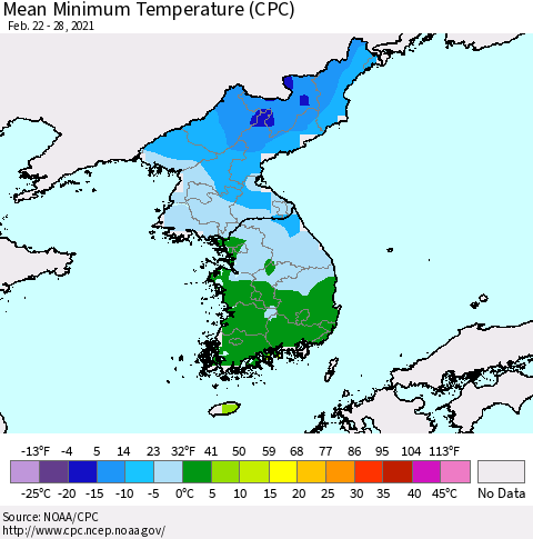 Korea Mean Minimum Temperature (CPC) Thematic Map For 2/22/2021 - 2/28/2021