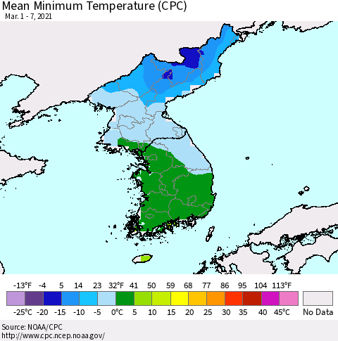 Korea Mean Minimum Temperature (CPC) Thematic Map For 3/1/2021 - 3/7/2021