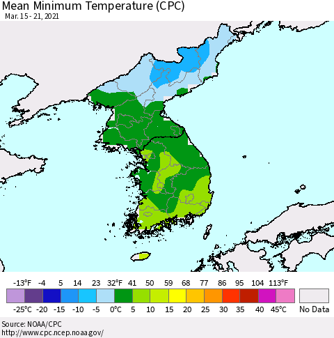 Korea Mean Minimum Temperature (CPC) Thematic Map For 3/15/2021 - 3/21/2021