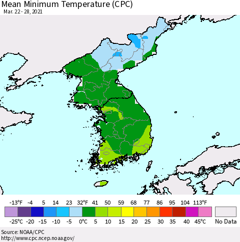 Korea Mean Minimum Temperature (CPC) Thematic Map For 3/22/2021 - 3/28/2021