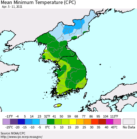 Korea Mean Minimum Temperature (CPC) Thematic Map For 4/5/2021 - 4/11/2021