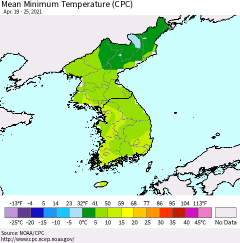 Korea Mean Minimum Temperature (CPC) Thematic Map For 4/19/2021 - 4/25/2021